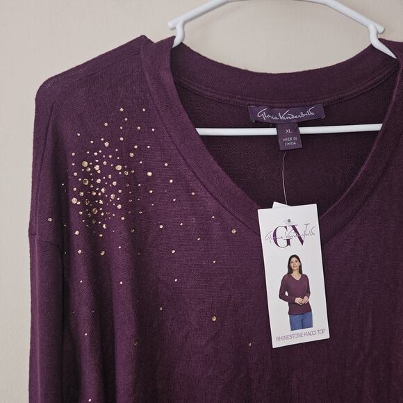 NWT Gloria Vanderbilt Rhinestone Hacci Top Long Sleeve Shirt Purple Women's XL - Picture 3 of 8